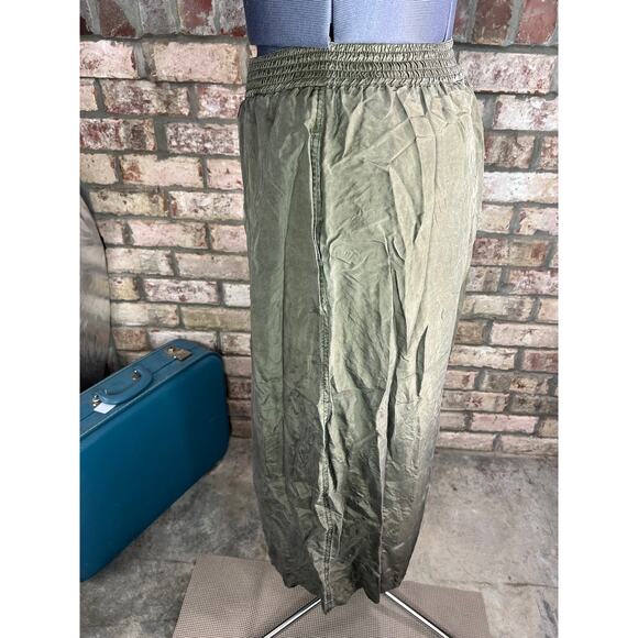 pants 100% silk drab green elastic waist 1980s - Picture 4 of 10